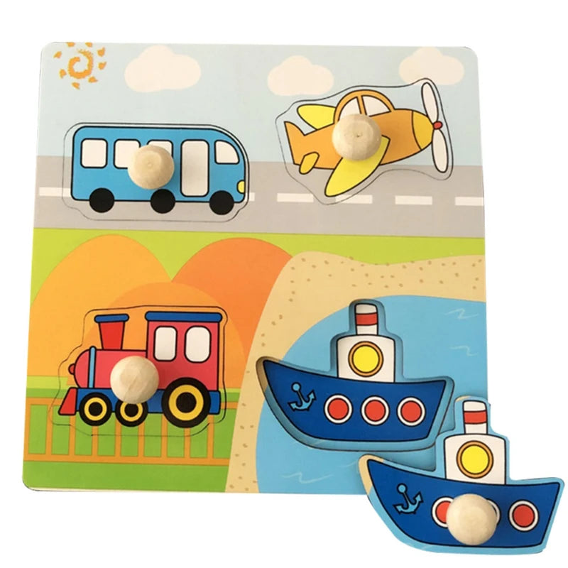 Discover & Learn: Montessori Wooden Puzzle Hand Grab Boards - Engaging Jigsaw with Cartoon Vehicles and Animals for Early Education in Children. - AGTC
