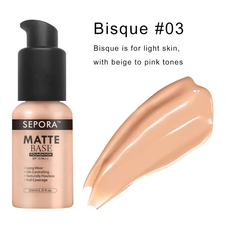Matte Perfection: SEPORA 6-Color Liquid Foundation - 30ml for Oil Control, Waterproof, Full Coverage, and Natural Concealer Base Makeup. - AGTC