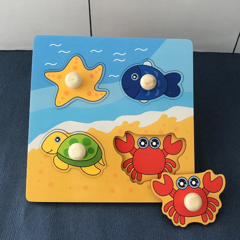 Discover & Learn: Montessori Wooden Puzzle Hand Grab Boards - Engaging Jigsaw with Cartoon Vehicles and Animals for Early Education in Children. - AGTC