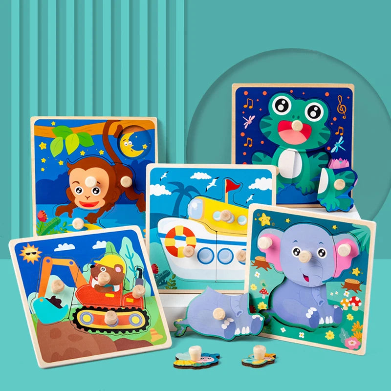 Discover & Learn: Montessori Wooden Puzzle Hand Grab Boards - Engaging Jigsaw with Cartoon Vehicles and Animals for Early Education in Children. - AGTC