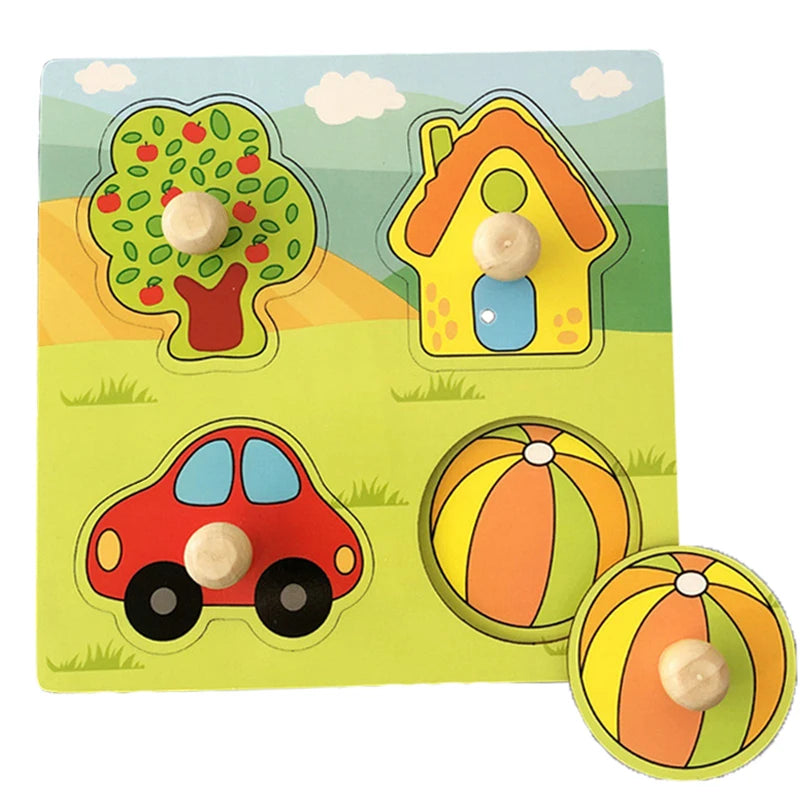 Discover & Learn: Montessori Wooden Puzzle Hand Grab Boards - Engaging Jigsaw with Cartoon Vehicles and Animals for Early Education in Children. - AGTC