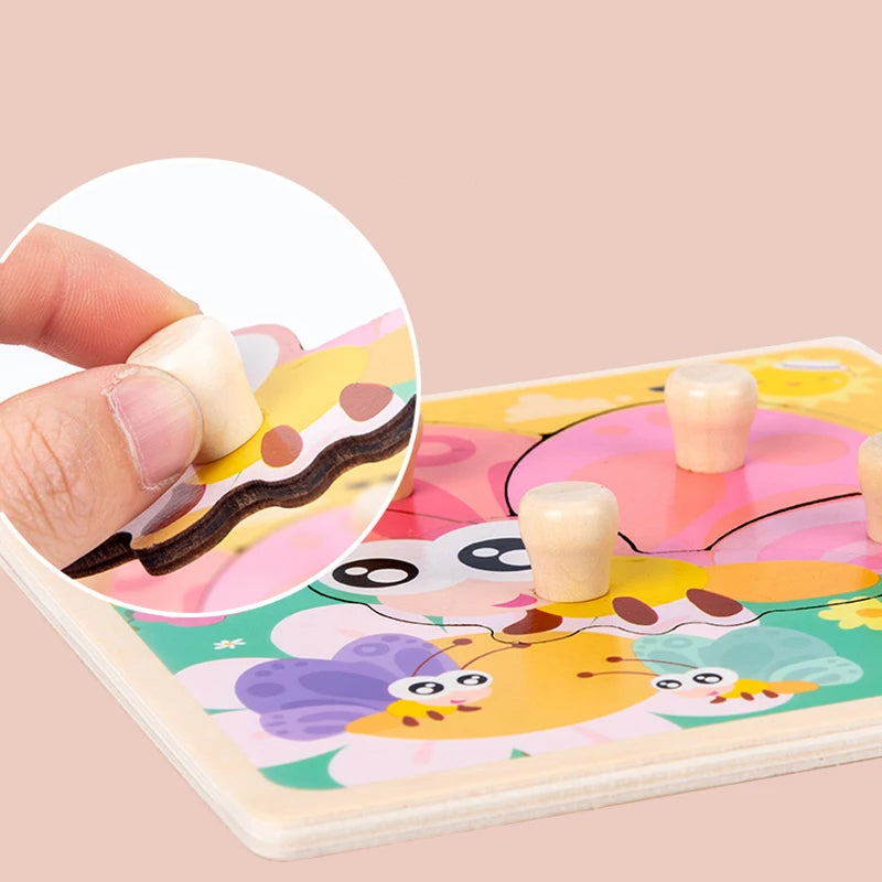 Discover & Learn: Montessori Wooden Puzzle Hand Grab Boards - Engaging Jigsaw with Cartoon Vehicles and Animals for Early Education in Children. - AGTC
