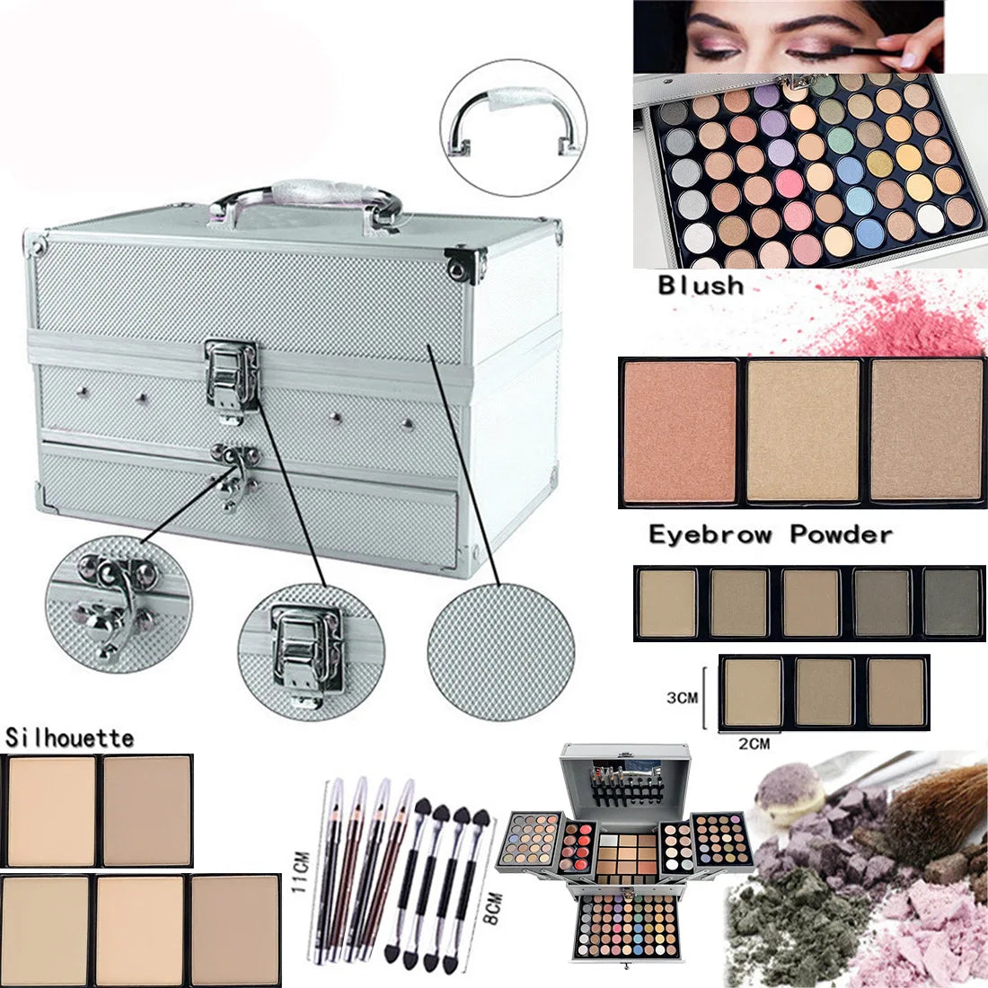All-in-One Glam: Cosmetics Set with Eyeshadow, Lip Blush, Nail Polish, Eyebrow Pencil - Your Multifunctional Professional Makeup Box! - AGTC