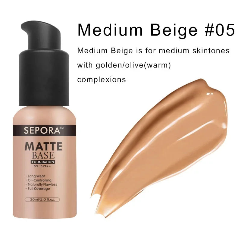 Matte Perfection: SEPORA 6-Color Liquid Foundation - 30ml for Oil Control, Waterproof, Full Coverage, and Natural Concealer Base Makeup. - AGTC