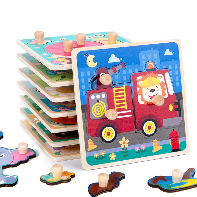 Discover & Learn: Montessori Wooden Puzzle Hand Grab Boards - Engaging Jigsaw with Cartoon Vehicles and Animals for Early Education in Children. - AGTC
