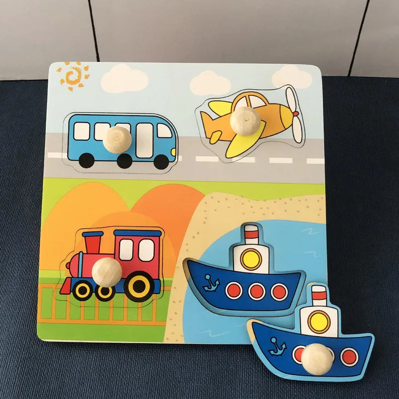 Discover & Learn: Montessori Wooden Puzzle Hand Grab Boards - Engaging Jigsaw with Cartoon Vehicles and Animals for Early Education in Children. - AGTC