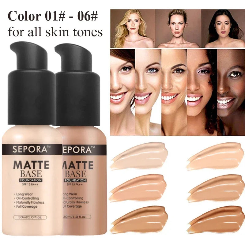 Matte Perfection: SEPORA 6-Color Liquid Foundation - 30ml for Oil Control, Waterproof, Full Coverage, and Natural Concealer Base Makeup. - AGTC