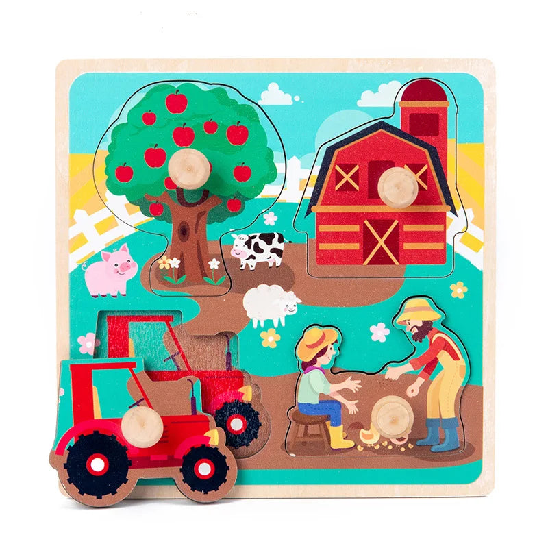 Discover & Learn: Montessori Wooden Puzzle Hand Grab Boards - Engaging Jigsaw with Cartoon Vehicles and Animals for Early Education in Children. - AGTC