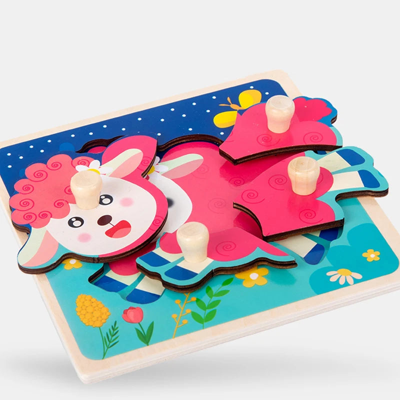 Discover & Learn: Montessori Wooden Puzzle Hand Grab Boards - Engaging Jigsaw with Cartoon Vehicles and Animals for Early Education in Children. - AGTC