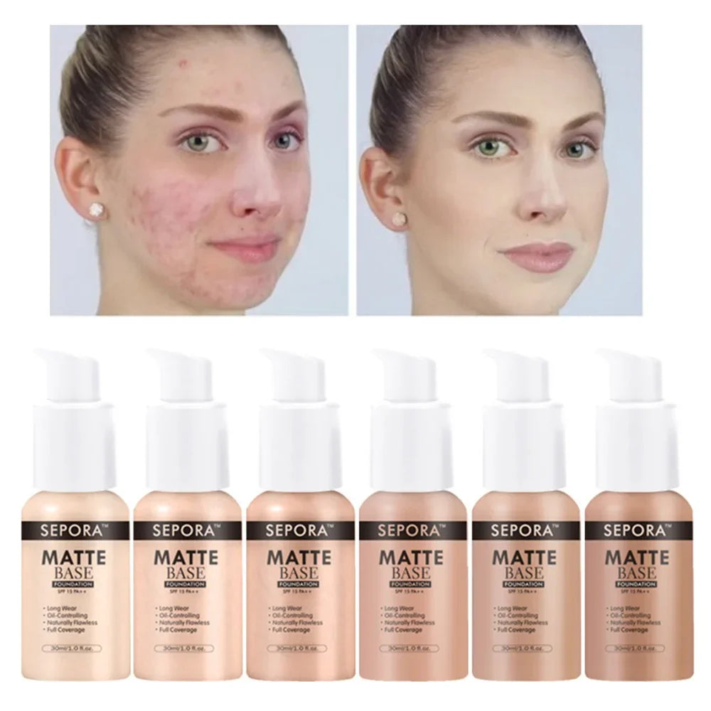 Matte Perfection: SEPORA 6-Color Liquid Foundation - 30ml for Oil Control, Waterproof, Full Coverage, and Natural Concealer Base Makeup. - AGTC