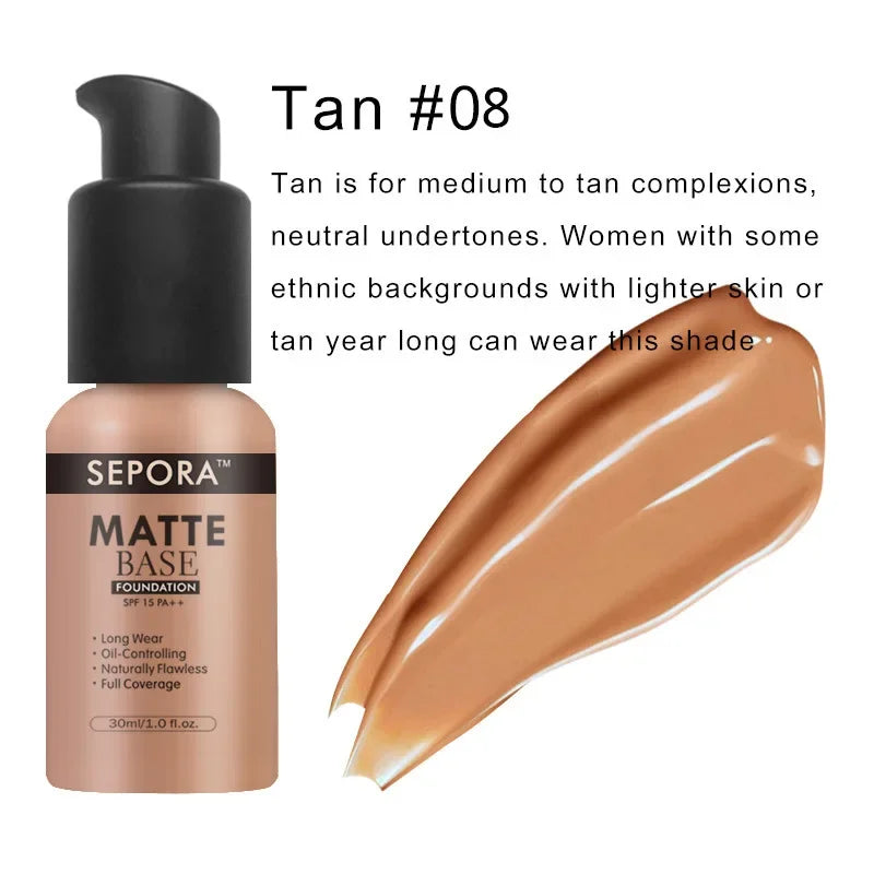 Matte Perfection: SEPORA 6-Color Liquid Foundation - 30ml for Oil Control, Waterproof, Full Coverage, and Natural Concealer Base Makeup. - AGTC