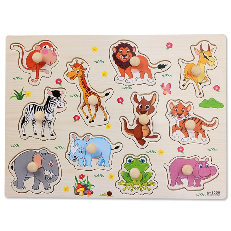 Discover & Learn: Montessori Wooden Puzzle Hand Grab Boards - Engaging Jigsaw with Cartoon Vehicles and Animals for Early Education in Children. - AGTC