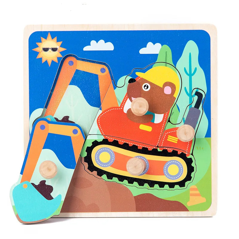 Discover & Learn: Montessori Wooden Puzzle Hand Grab Boards - Engaging Jigsaw with Cartoon Vehicles and Animals for Early Education in Children. - AGTC