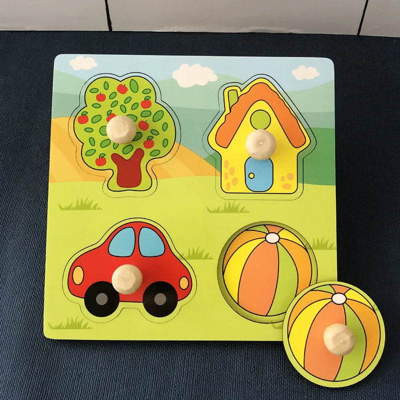 Discover & Learn: Montessori Wooden Puzzle Hand Grab Boards - Engaging Jigsaw with Cartoon Vehicles and Animals for Early Education in Children. - AGTC