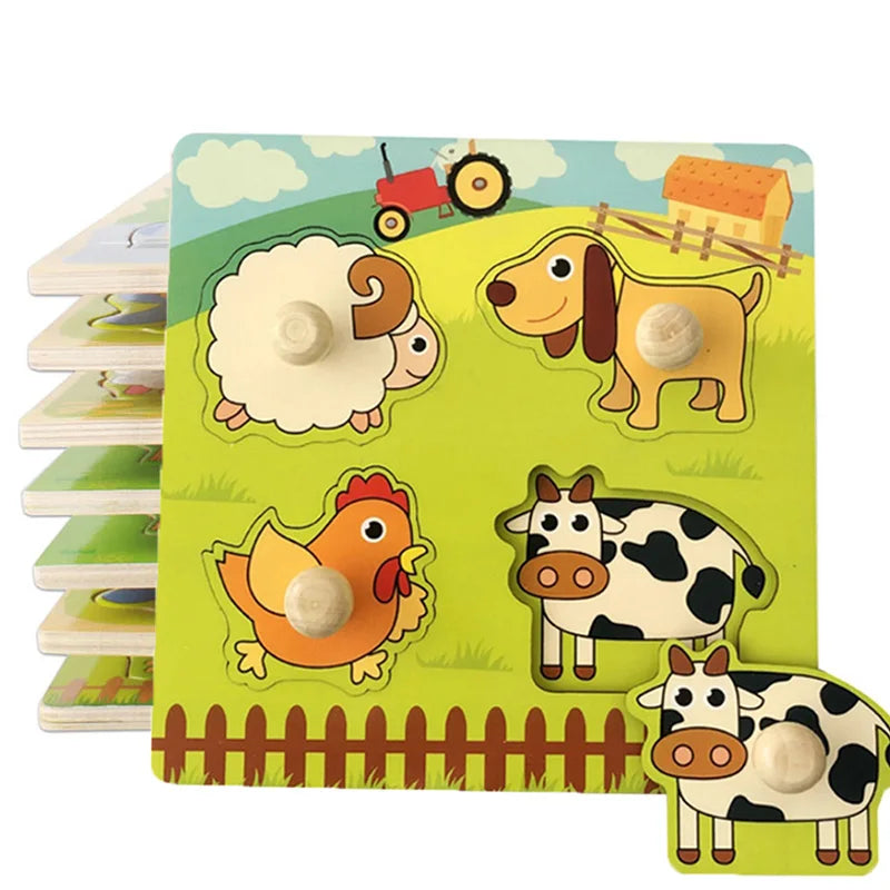 Discover & Learn: Montessori Wooden Puzzle Hand Grab Boards - Engaging Jigsaw with Cartoon Vehicles and Animals for Early Education in Children. - AGTC
