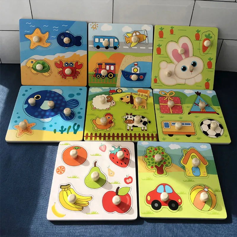 Discover & Learn: Montessori Wooden Puzzle Hand Grab Boards - Engaging Jigsaw with Cartoon Vehicles and Animals for Early Education in Children. - AGTC