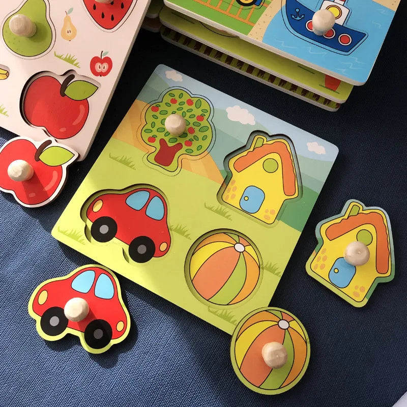 Discover & Learn: Montessori Wooden Puzzle Hand Grab Boards - Engaging Jigsaw with Cartoon Vehicles and Animals for Early Education in Children. - AGTC