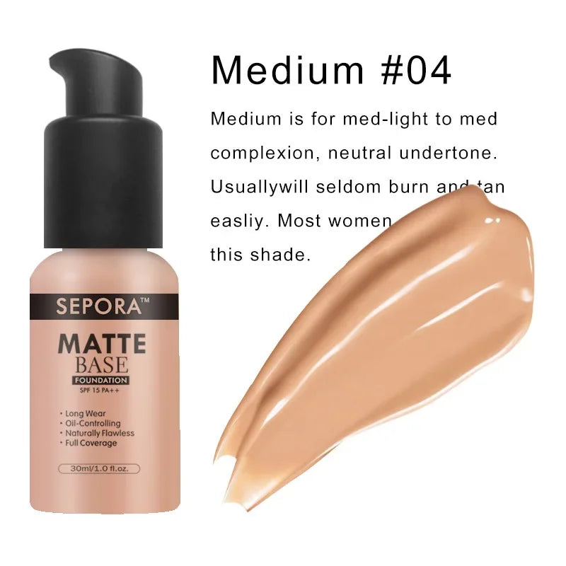 Matte Perfection: SEPORA 6-Color Liquid Foundation - 30ml for Oil Control, Waterproof, Full Coverage, and Natural Concealer Base Makeup. - AGTC