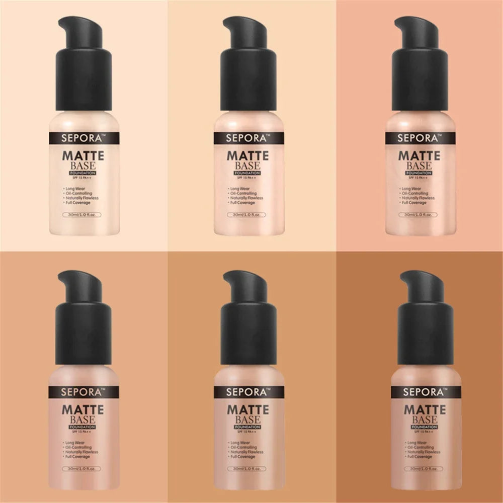 Matte Perfection: SEPORA 6-Color Liquid Foundation - 30ml for Oil Control, Waterproof, Full Coverage, and Natural Concealer Base Makeup. - AGTC