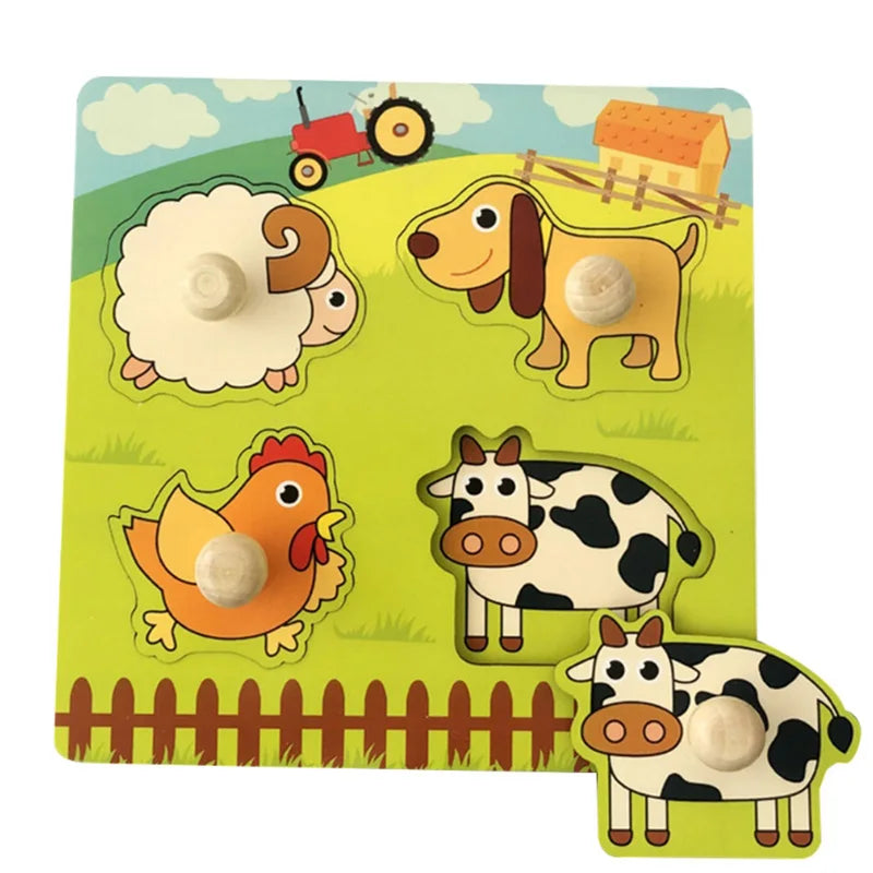 Discover & Learn: Montessori Wooden Puzzle Hand Grab Boards - Engaging Jigsaw with Cartoon Vehicles and Animals for Early Education in Children. - AGTC