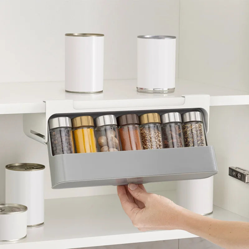 Space-Saving Elegance: Self-adhesive Spice Organizer Rack - Conveniently Tucked Under Desk Drawers for Hidden Kitchen Supplies Storage. A Tidy Solution for Your Culinary Delights! - AGTC