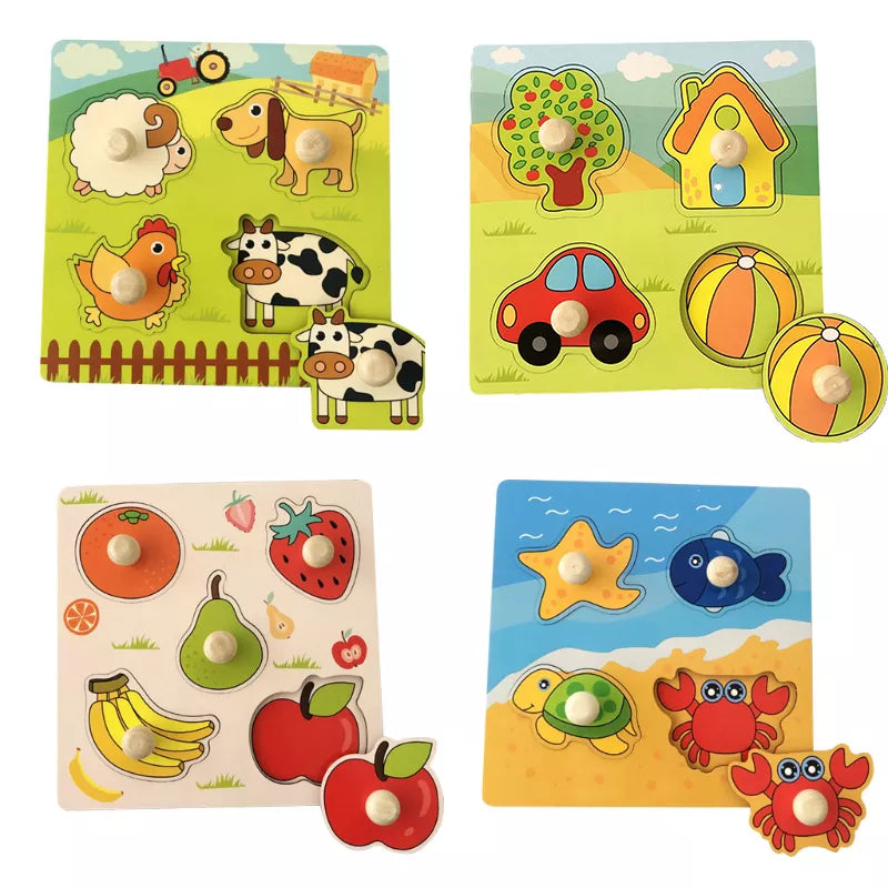 Discover & Learn: Montessori Wooden Puzzle Hand Grab Boards - Engaging Jigsaw with Cartoon Vehicles and Animals for Early Education in Children. - AGTC