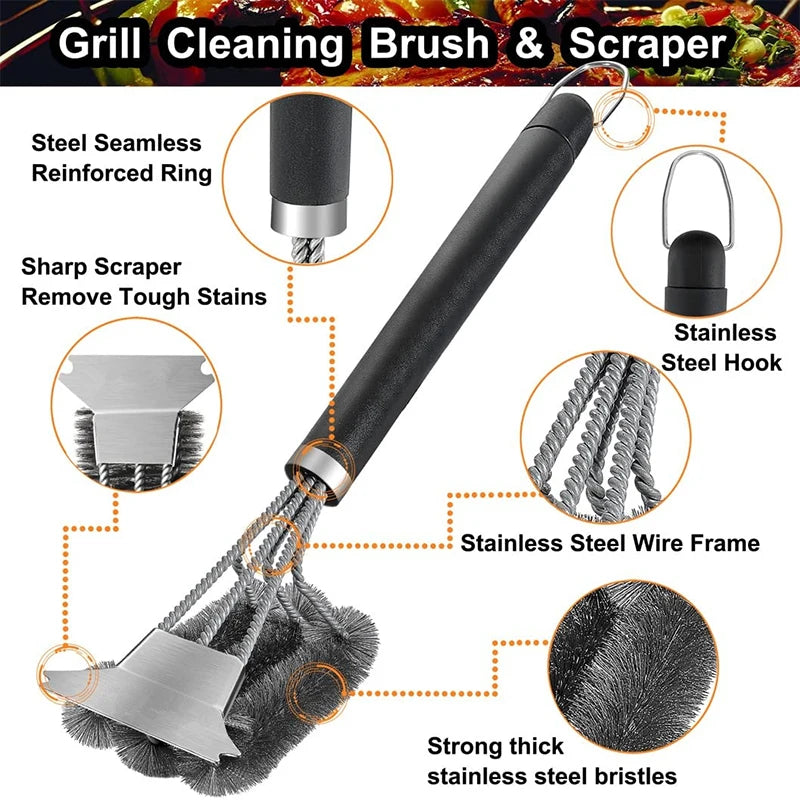 Safe Grill Brush & Scraper - Deluxe Handle, Stainless Steel Bristles - AGTC
