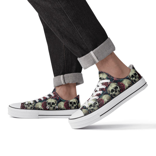 Main Product: Skulls & Roses Men's Classic Low-Top Canvas Shoes - Front View