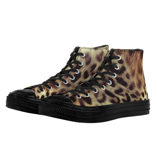 Main Product: Leopard Women's Classic Black High-Top Canvas Shoes - Front View