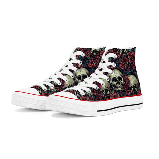Main Product: Skulls & Roses Men's Classic High-Top Canvas Shoes - Front View