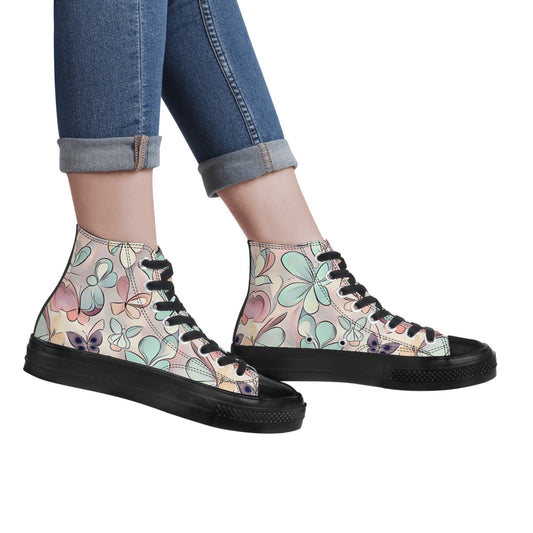Main Product: Van Gogh Pink Blossoms Women's Classic Black High-Top Canvas Shoes - Front View