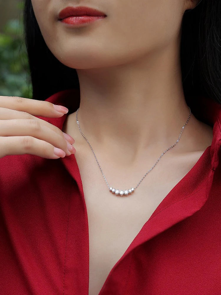 A woman wearing the S925 Silver 2.8 Carat Moissanite Smile Necklace