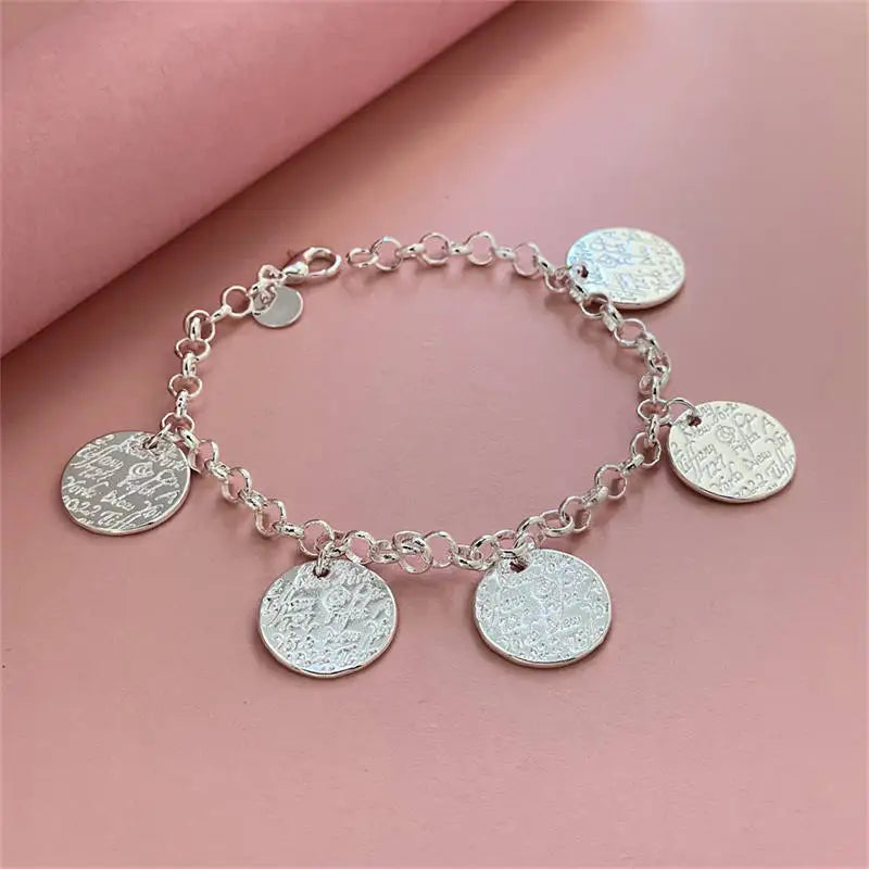 Handmade 925 Sterling Silver Round Pendant Bracelet 