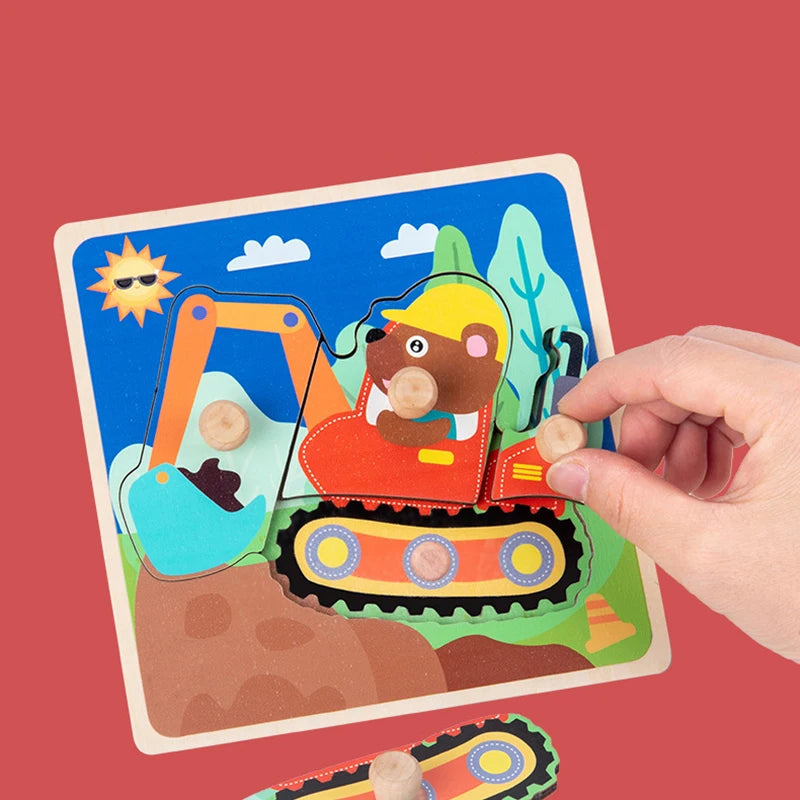 Discover & Learn: Montessori Wooden Puzzle Hand Grab Boards - Engaging Jigsaw with Cartoon Vehicles and Animals for Early Education in Children. - AGTC