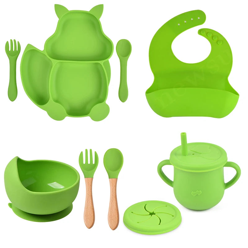 Safe & Fun Mealtimes: Silicone Baby Dinnerware Set (Plates, Bowls, Cups, Bibs) | Non-Slip, Easy Clean - AGTC