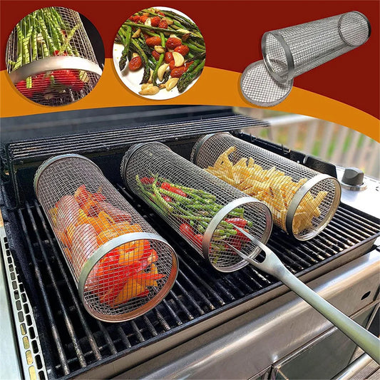 Rolling Grilling BBQ Basket with Stainless Steel Mesh