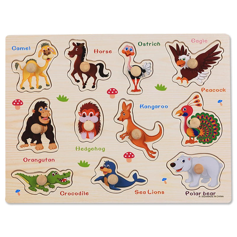 Discover & Learn: Montessori Wooden Puzzle Hand Grab Boards - Engaging Jigsaw with Cartoon Vehicles and Animals for Early Education in Children. - AGTC