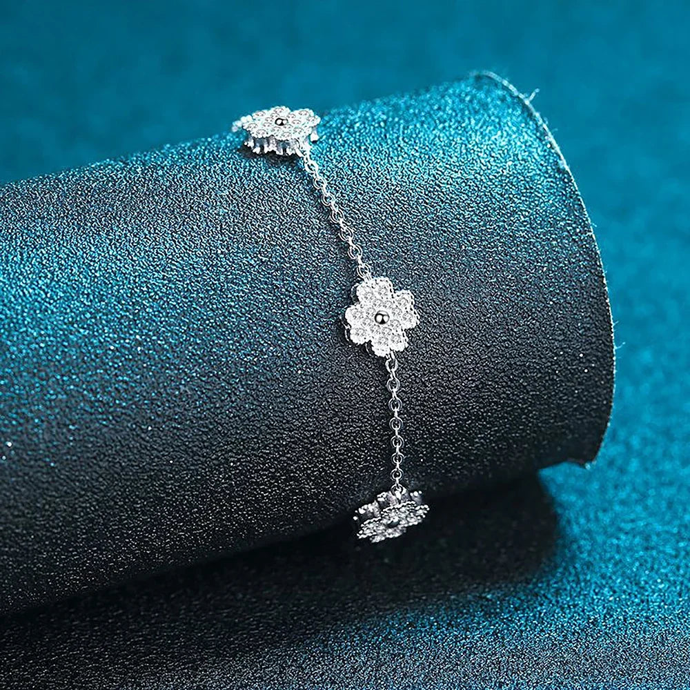 Close-up of Lucky Clover Moissanite Bracelet in sterling silver