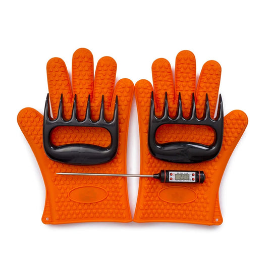Heat Resistant BBQ Tools Set with Silicone Gloves, Meat Claws, and Thermometer