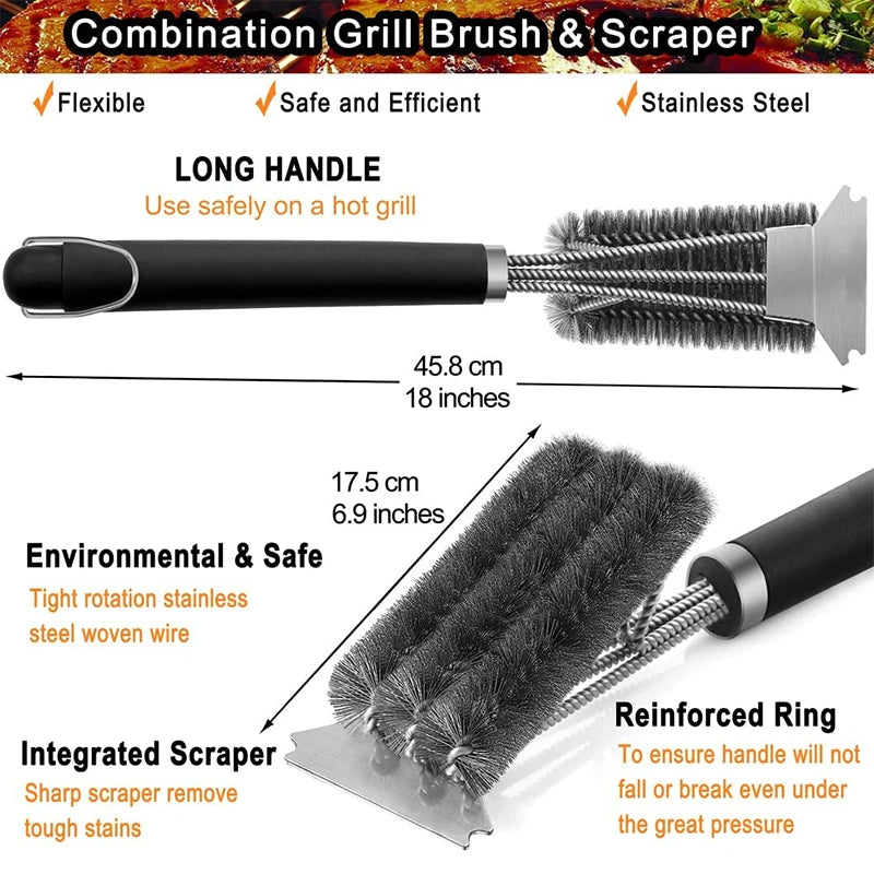 Safe Grill Brush & Scraper - Deluxe Handle, Stainless Steel Bristles - AGTC