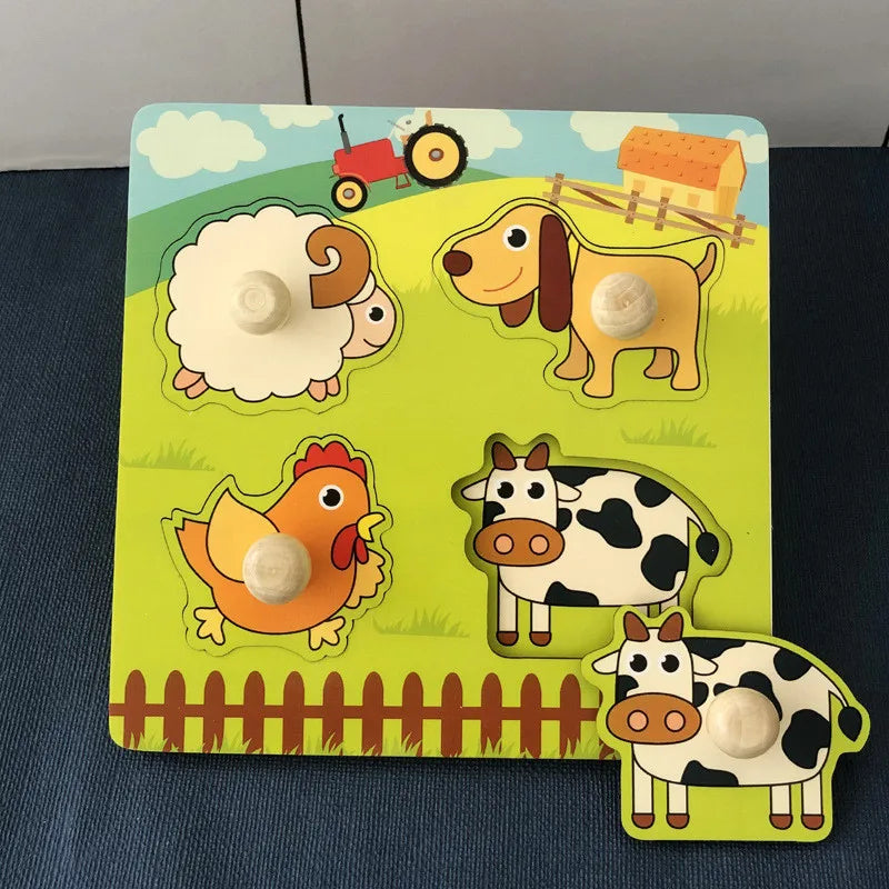 Discover & Learn: Montessori Wooden Puzzle Hand Grab Boards - Engaging Jigsaw with Cartoon Vehicles and Animals for Early Education in Children. - AGTC
