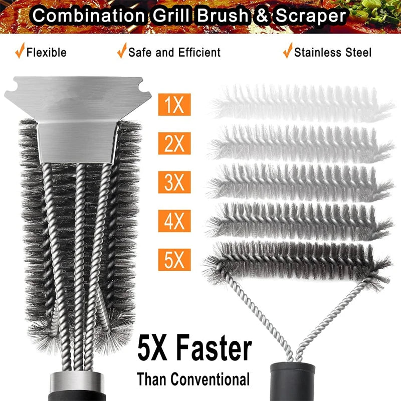 Safe Grill Brush & Scraper - Deluxe Handle, Stainless Steel Bristles - AGTC