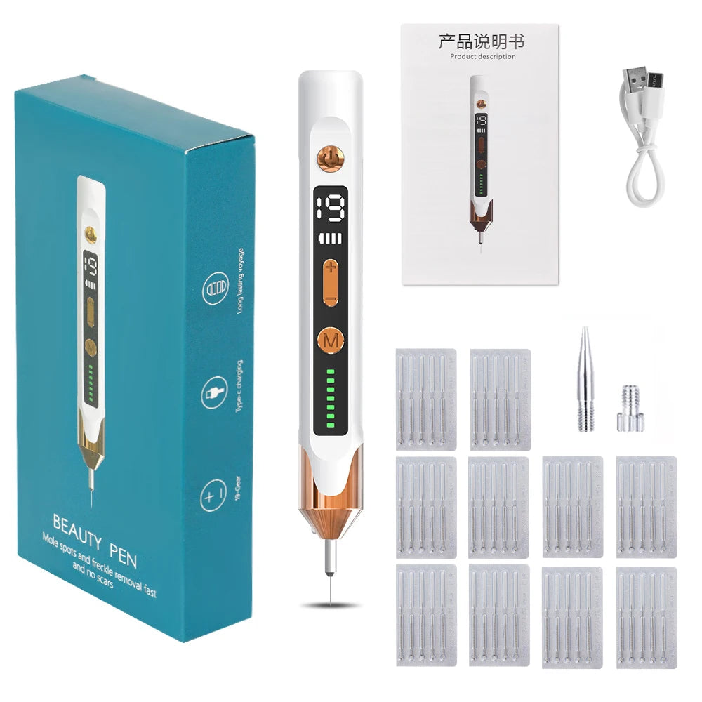 Image showcasing the plasma pen being used to target a small skin tag on a hand. (Plasma pen effectively removing a skin tag)