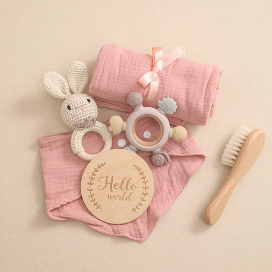 Premium Baby Bath Set: Kid Towel, Soft Cotton Blanket, Bath Toy, Silicone Teether Rattle - Baby Milestone Photography Supplies - Perfect Baby Birth Gift - AGTC