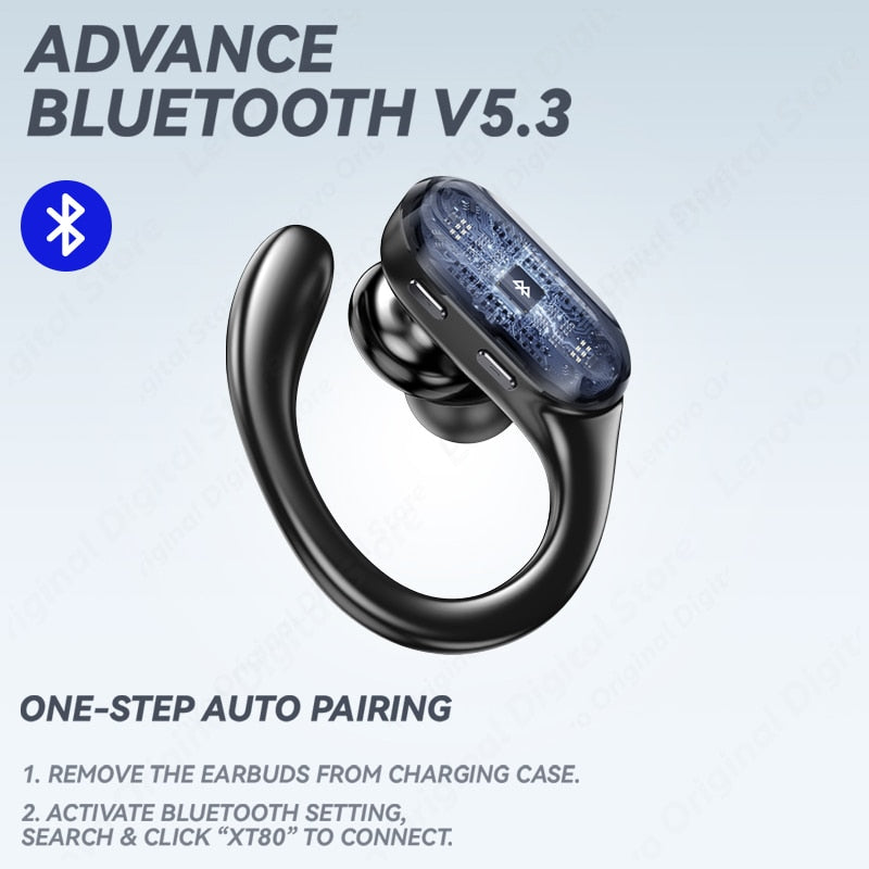 Lenovo XT80 Bluetooth 5.3 Earphones True Wireless Headphones with Mic Button Control Noise Reduction Earhooks Waterproof Headset - AGTC